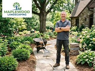 Friendly Landscaping Owner Posing with Logo