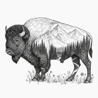 Black and White Bison Nature Illustration