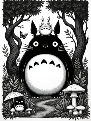 Detailed Linocut Illustration of Totoro