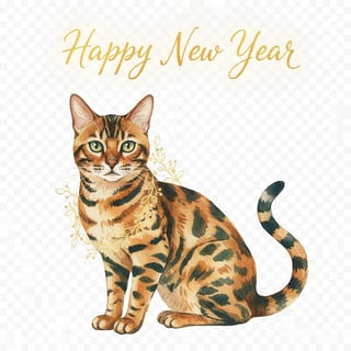 Watercolor Bengal Cat with Gold Garland