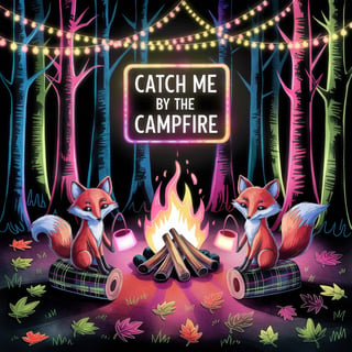 Neon Autumn Forest Campfire Scene