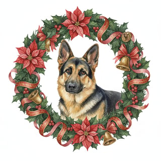 Watercolor German Shepherd in Christmas Wreath