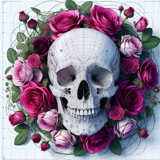 Skull with Pink and Magenta Roses