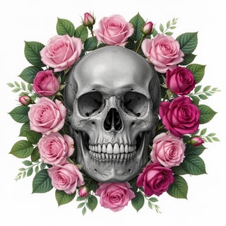 Realistic Skull with Pink Roses Artwork