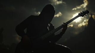 Mystical Man Playing Bass in Moonlight
