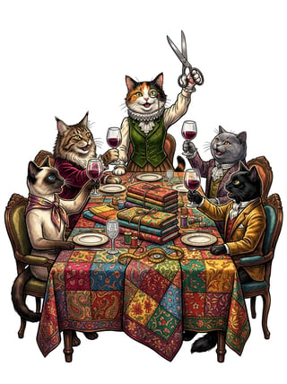 Elegant Cats at Quilted Table