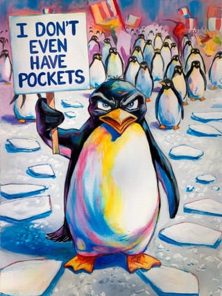 Angry Penguin Protest in Watercolor
