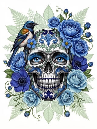 Blue Floral Metallic Skull Illustration
