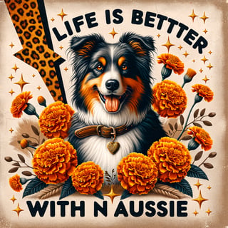 Australian Shepherd with Marigolds Art