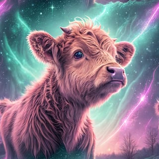 Cute Highland Calf with Neon Aurora