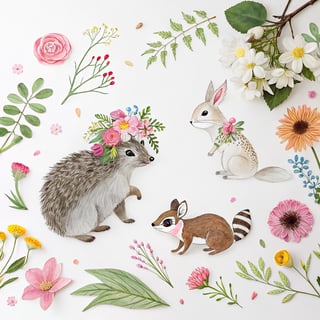 Watercolor Floral Woodland Animals