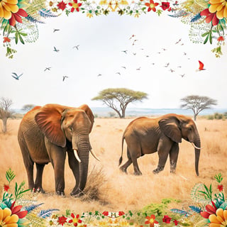 African Elephants in Floral Frame