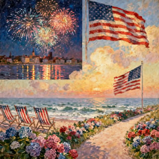 American Flag and Fireworks Oil Paintings