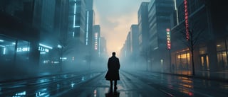 Mysterious Silhouette in Foggy Cityscape