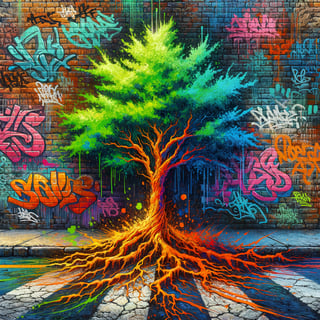 Vibrant Acrylic Tree with Urban Graffiti