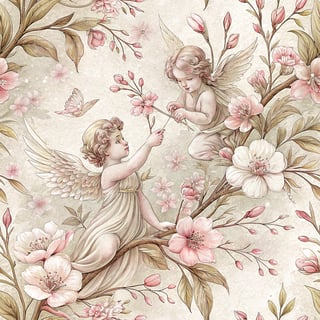 Blush Pink Floral Cherub Pattern