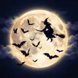 Vintage Halloween Moon Witch Illustration