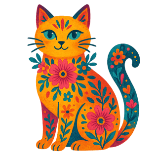 Colorful Boho Floral Cat Illustration
