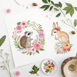 Watercolor Floral Woodland Animals