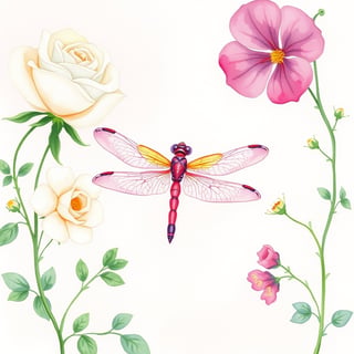 Watercolor Dragonfly and Flowers