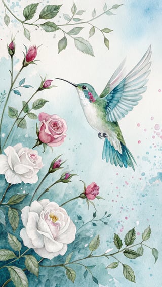 Watercolor Hummingbird with Pink Roses