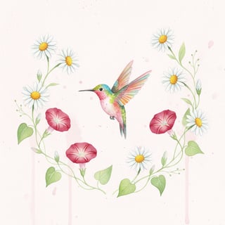 Watercolor Hummingbird with Flowers