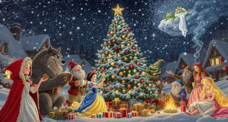 Fairy-Tale Characters in Festive Snowy Village