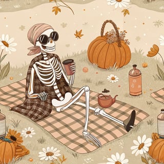 Chic Halloween Skeleton Picnic Scene