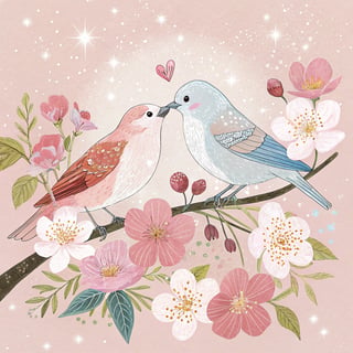 Two Birds Kissing with Flowers