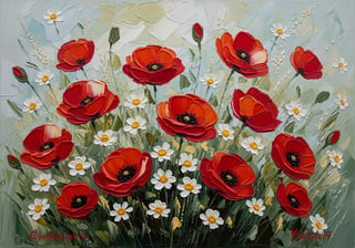 Red Poppies and Daisies Oil Painting