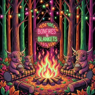 Neon Autumn Forest Campfire Scene