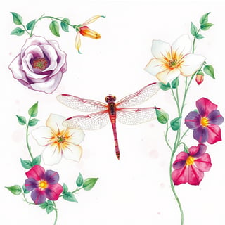 Watercolor Dragonfly and Flowers