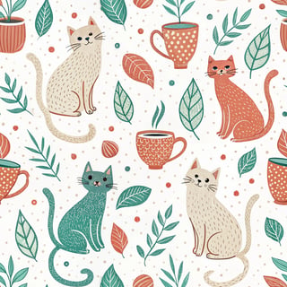 Playful Cats with Coffee Mugs Pattern