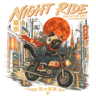 Retro Tokyo Night Ride Cat Illustration