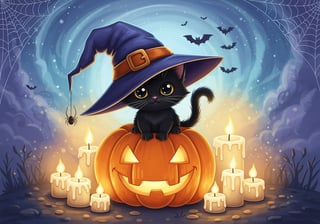 Cute Black Kitten in Witch Hat