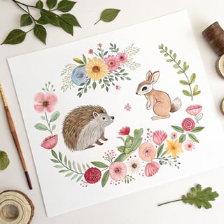 Watercolor Floral Woodland Animals