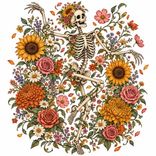 Vintage Floral Dancing Skeleton