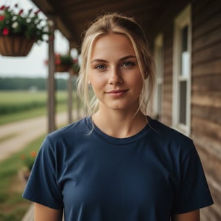 Blonde Farm Girl in Navy Blue Tee