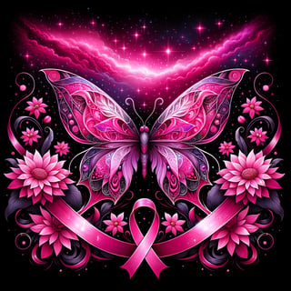 Pink Butterfly in Cosmic Floral Scene