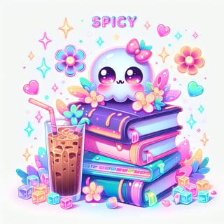 Neon Kawaii Books and Cute Skull Art