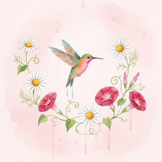 Watercolor Hummingbird with Flowers