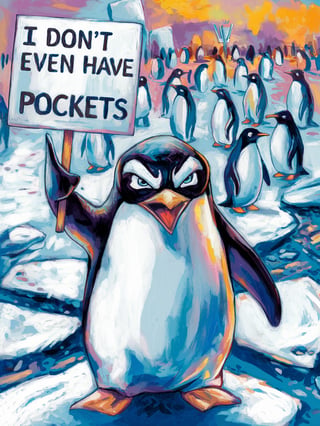 Angry Penguin Protest in Watercolor