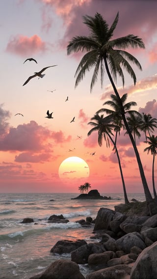 Tropical Sunset Painting with Palm Trees
