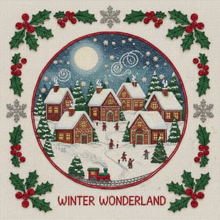 Christmas Village Embroidery Illustration