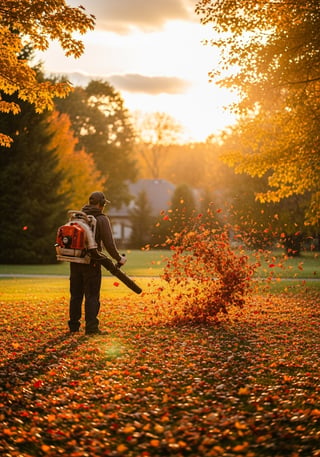 Photorealistic landscaper with leaf blower
