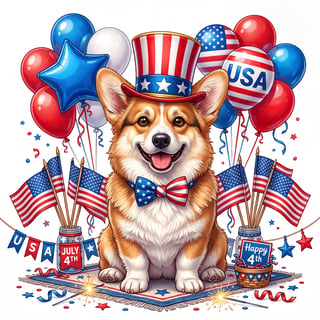 Patriotic Corgi with American Flags