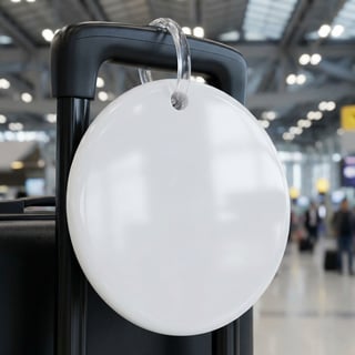 Glossy White Luggage Tag on Suitcase