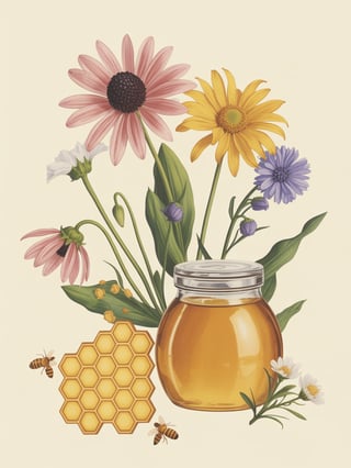 Flowers with Honey Jar and Honeycomb