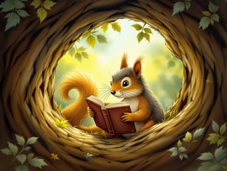 Squirrel Reading in Tree Hollow