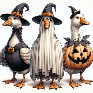Cartoon Geese in Halloween Costumes